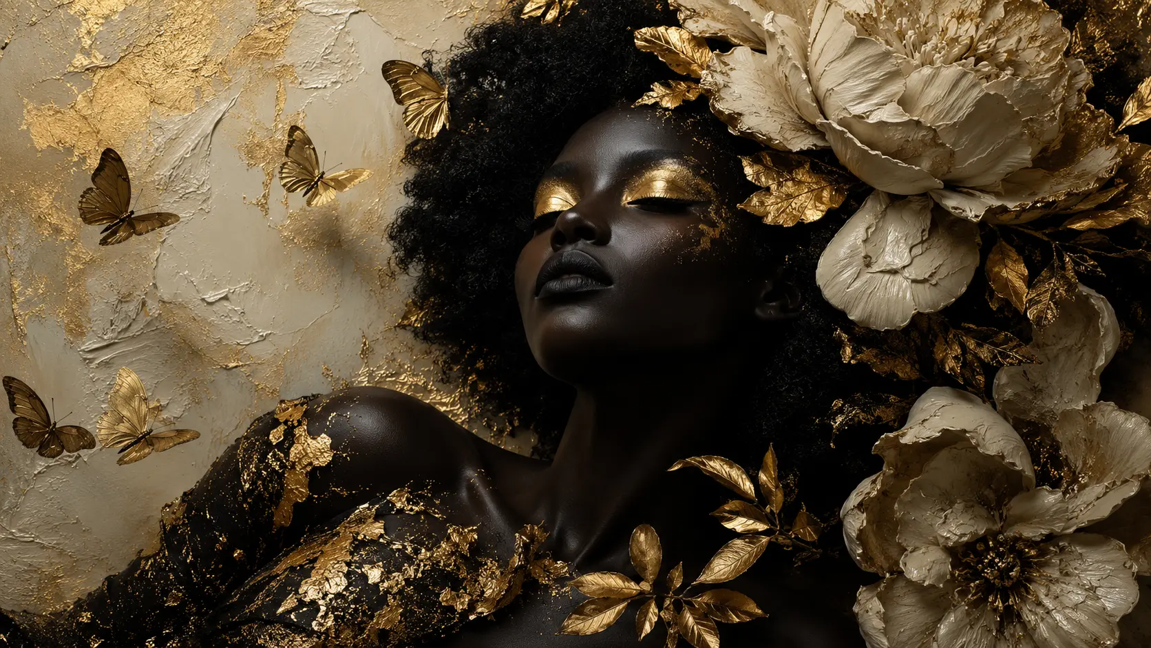African Woman portrait with ivory flowers and golden butterflies by RORISPRINTS